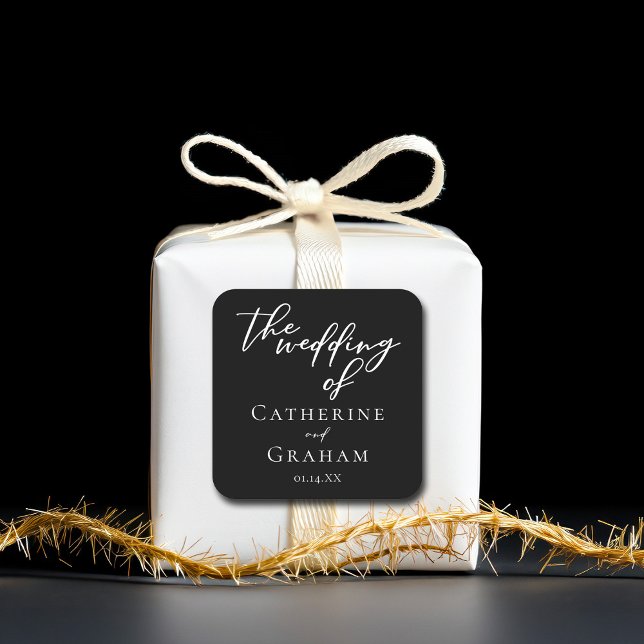 Einfache Schwarz-weiße Typografie Chic Winter Wedd Quadratischer Aufkleber (Von Creator hochgeladen)