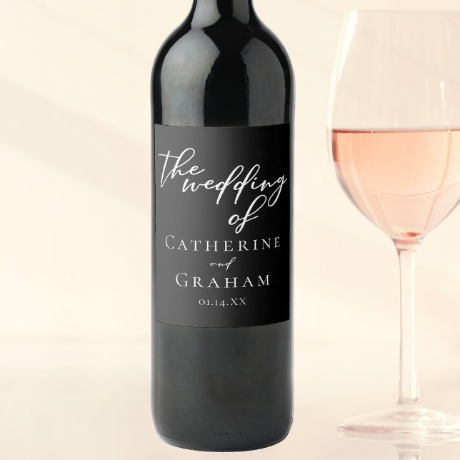 Einfache Schwarz-weiße Typografie Chic Winter Wedd Weinetikett (Von Creator hochgeladen)