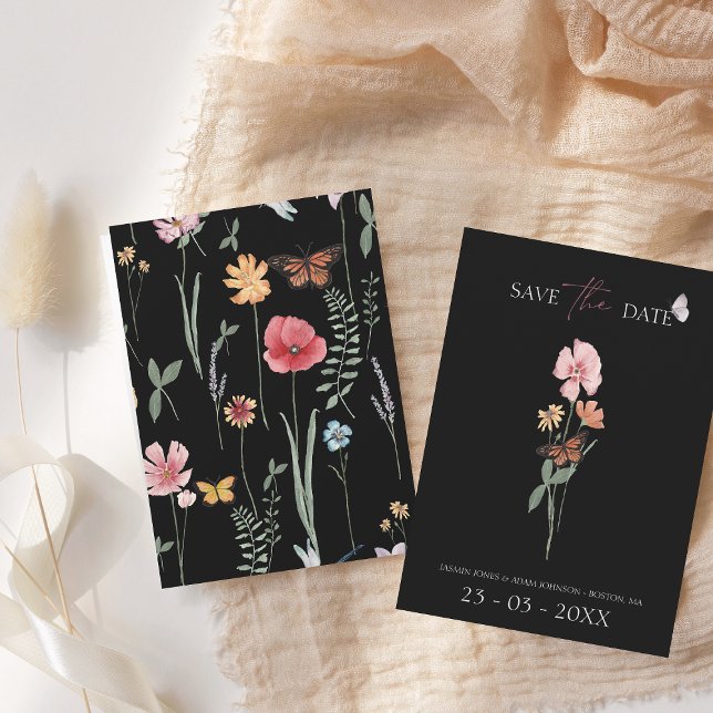 Einfache Schwarz-Wildblume Blumenhochzeit Save The Date (Von Creator hochgeladen)