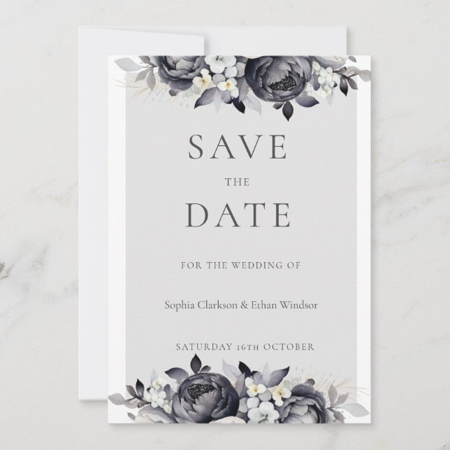 Einfache Schwarze Floral Digitale Save the Date-Ka Einladung (Vorderseite)