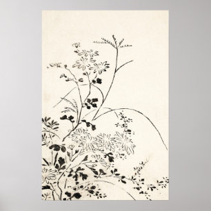 Einfache schwarze Floral-Skizze Vintage-Kunst Poster
