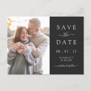 Einfache schwarze Foto-Save-the-Date-Hochzeit Ankündigungspostkarte
