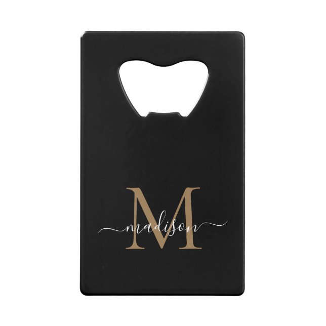 Einfache schwarze Gold Monogram Eleganter Skriptna Geldbeutel Flaschenöffner (Vorderseite)