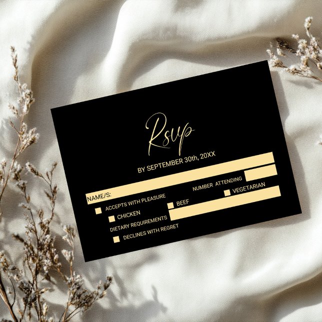 Einfache schwarze goldene Hochzeits-RSVP mit Menüo RSVP Karte (Von Creator hochgeladen)