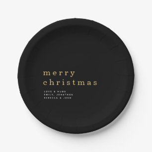 Einfache schwarze Goldtypografie Frohe Weihnachten Pappteller