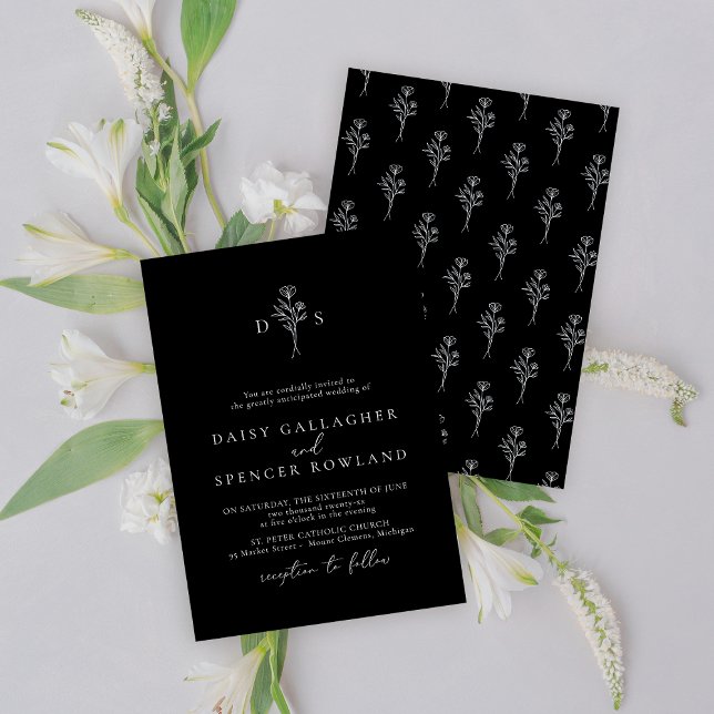 Einfache Schwarze Hochzeit mit Blumendesign Einladung (Von Creator hochgeladen)