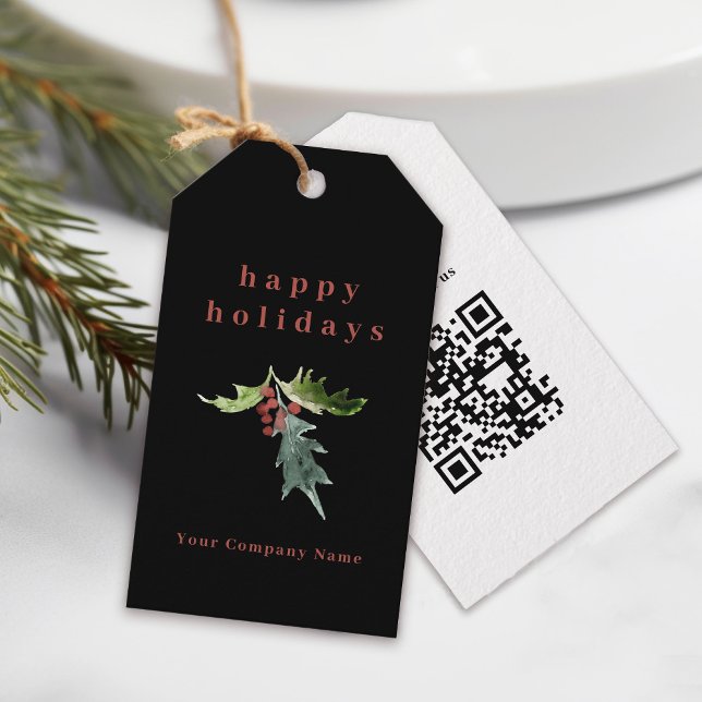 Einfache schwarze Holly QR Code Corporate Holiday Geschenkanhänger (Von Creator hochgeladen)