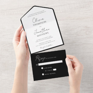 Einfache schwarze Krawatte weiße Schrift Hochzeit All In One Einladung
