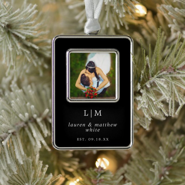 Einfache Schwarze Monogramm Elegant Erste Weihnach Rahmen-Ornament Silber (Baum)