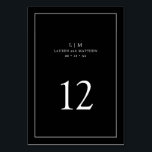 Einfache Schwarze Monogramm Elegante Hochzeit Tischnummer<br><div class="desc">Einfache Hochzeitstil-Tischnummer mit elegantem und zeitlosem Design mit zwei Buchstaben Monogramm, Namen, Datum und Tischnummer umgeben von einem dünnen Rand. Alle Designelemente sind in Weiß über schwarzem Hintergrund gehalten und können in beliebige Farben des Designbearbeitungstools umgewandelt werden. Ein gepflegtes und klassisches Design, ideal für ein Paar, das eine traditionelle Tischnummer...</div>