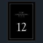 Einfache Schwarze Monogramm Elegante Hochzeit Tischnummer<br><div class="desc">Einfache Hochzeitstil-Tischnummer mit elegantem und zeitlosem Design mit zwei Buchstaben Monogramm, Namen, Datum und Tischnummer umgeben von einem dünnen Rand. Alle Designelemente sind in Weiß über schwarzem Hintergrund gehalten und können in beliebige Farben des Designbearbeitungstools umgewandelt werden. Ein gepflegtes und klassisches Design, ideal für ein Paar, das eine traditionelle Tischnummer...</div>