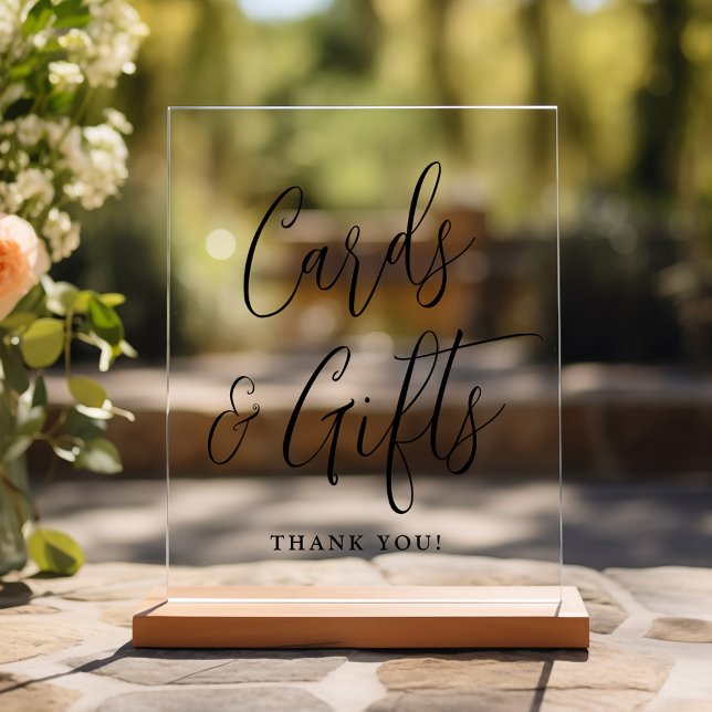Einfache schwarze Schrift Hochzeitskarten und Gesc Acrylschild (Please note: The wooden stand does not come with the sign. Zazzle sells a wood block stand.)