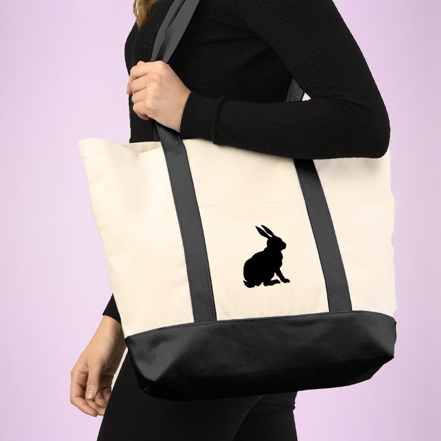 Einfache schwarze Sillhouette Sitzen Rabbit große  Tragetasche (Minimalist black sitting rabbit in silhouette form on tote bag.)