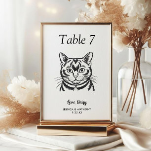 Einfache schwarze und weiße Katzenhochzeit Tischnummer