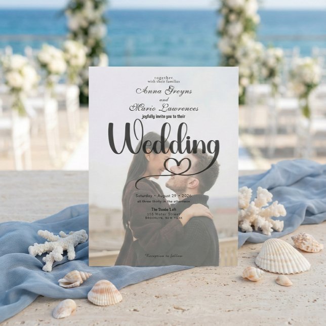 Einfache schwarze weiße Überlagerungsfoto-Hochzeit Einladung (Von Creator hochgeladen)