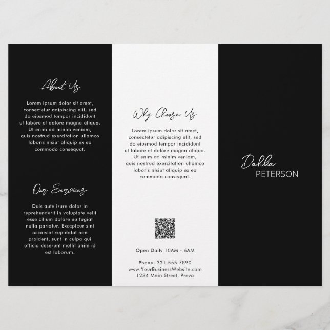 Einfache schwarze zeitgemäße QR-Code Modernst Flyer (Vorne)
