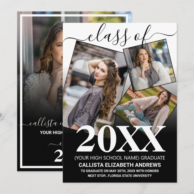 Einfache Schwarzweiß-Abschluss-FotoCollage Ankündigung (Vorne/Hinten)