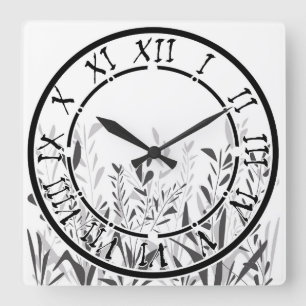 Einfache Schwarzweiß-Muster mit wilden Pflanze Quadratische Wanduhr