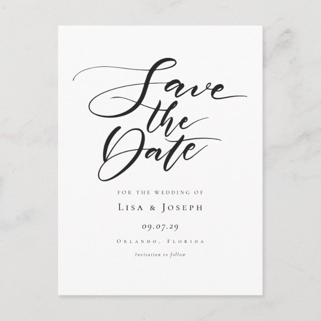 Einfache Schwarzweiß-Schrift Save the Date Postkarte (Vorderseite)