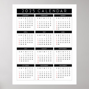 Einfache Schwarzweiß-Version 2025-Kalender Poster