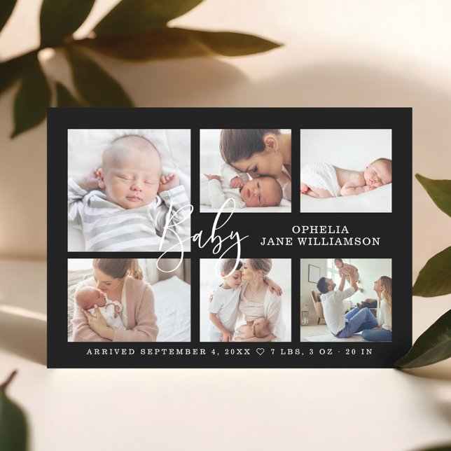 Einfache Script Baby Birth Foto Collage Black Magneteinladung (Simple Script Baby Birth Photo Collage Black Magnetic Invitation)