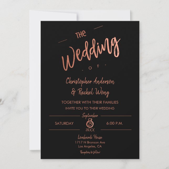Einfache Script Black Rose Gold Foil Die Hochzeit  Einladung (Vorderseite)