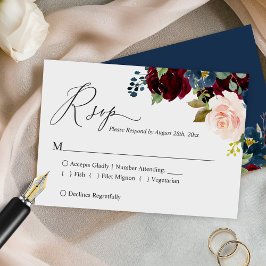 Einfache Script Burgundy Navy Blush Floral Wedding RSVP Karte