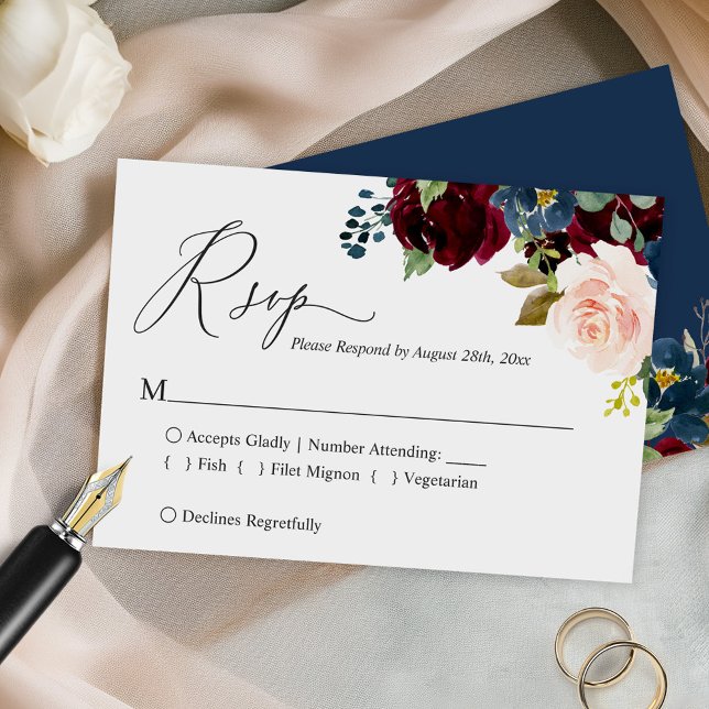 Einfache Script Burgundy Navy Blush Floral Wedding RSVP Karte (Von Creator hochgeladen)