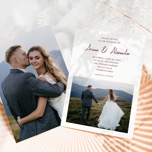 Einfache Script Burgundy Zwei-Foto-Hochzeit Einladung (Von Creator hochgeladen)