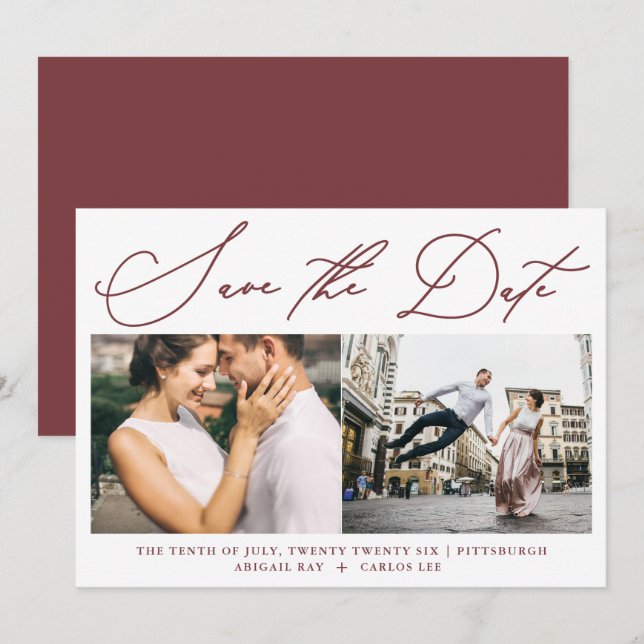 Einfache Script Burgundy Zwei Foto Moderne Save The Date (Vorne/Hinten)