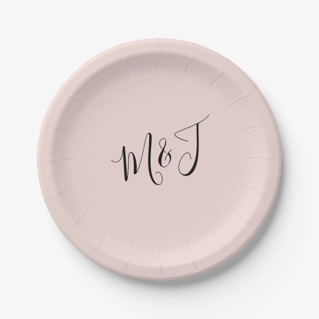 Einfache Script Couple Initials Blush Paper Plate Pappteller (Vorderseite)