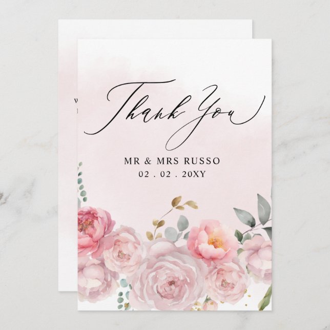 Einfache Script Elegant Blush Floral Wedding Dankeskarte (Vorne/Hinten)
