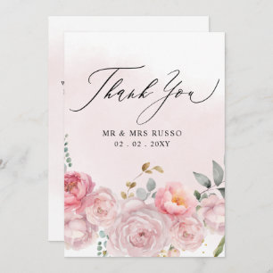 Einfache Script Elegant Blush Floral Wedding Dankeskarte
