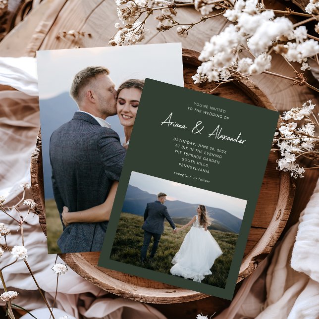 Einfache Script Forest Green Two Foto Hochzeit Einladung (Von Creator hochgeladen)