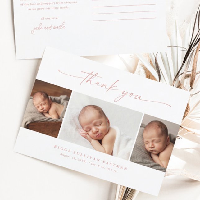 Einfache Script Foto Collage Baby Vielen Dank Postkarte (Dusty pink script 3 girls photo baby thank you cards.)