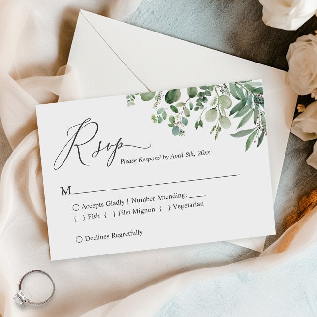 Einfache Script Greenery Eucalyptus Foliage Weddin RSVP Karte (Von Creator hochgeladen)