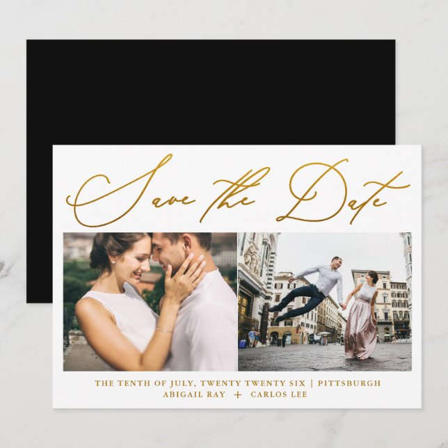 Einfache Script-Imitat Gold Zwei Foto Moderne Save The Date (Vorne/Hinten)