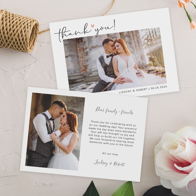 Einfache Script Liebe Heart Classy Wedding Foto Dankeskarte (Say "thank you" with grace and beauty with this Simple Script  Wedding Photo Thank Card.)