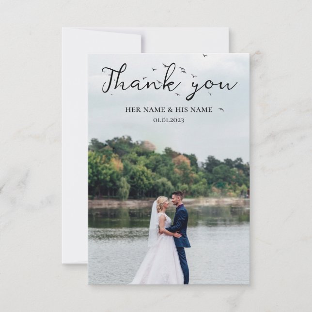 Einfache Script Liebe Heart Classy Wedding Foto Dankeskarte (Vorderseite)