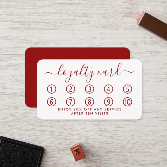 Einfache Script Loyalty Card - Rot & Weiß Treuekarte (Vorderseite/Rückseite Beispiel)
