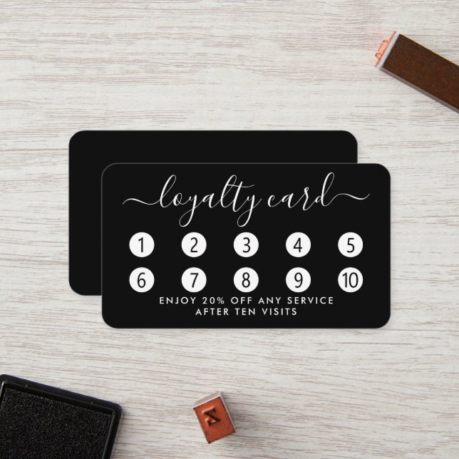 Einfache Script Loyalty Card - Schwarz & Weiß Treuekarte (Vorderseite/Rückseite Beispiel)