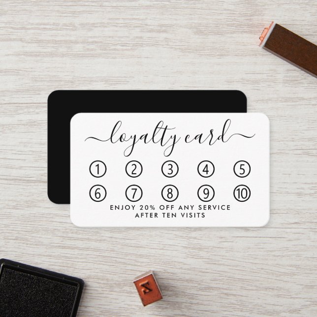 Einfache Script Loyalty Card - Schwarz & Weiß Treuekarte (Vorderseite/Rückseite Beispiel)