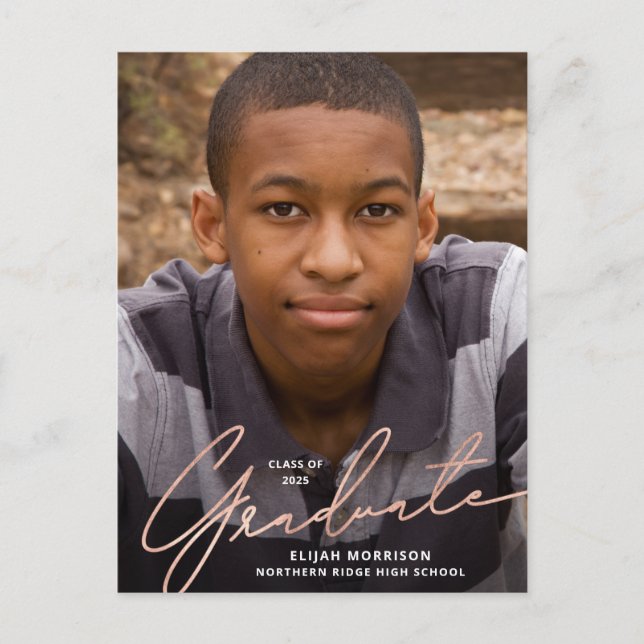 Einfache Script-Rose Gold Overlay Foto Abschluss Postkarte (Vorderseite)