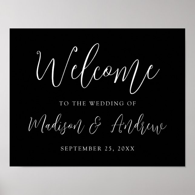 Einfache Script Schwarz und Weiß Hochzeit Willkomm Poster (Vorne)