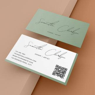 Einfache Seite Grüner handgeschriebener Script QR- Visitenkarte