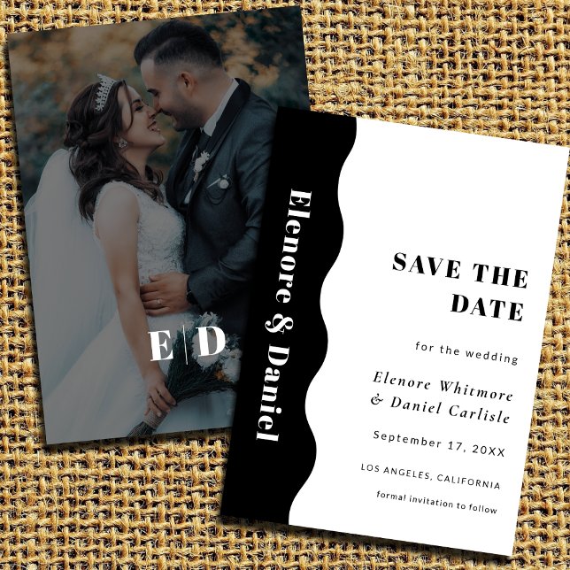 Einfache Seitenwelle Schwarz-Weiß-Foto-Hochzeit Save The Date (Simple Side Wave Black and White Photo Wedding Save The Date)