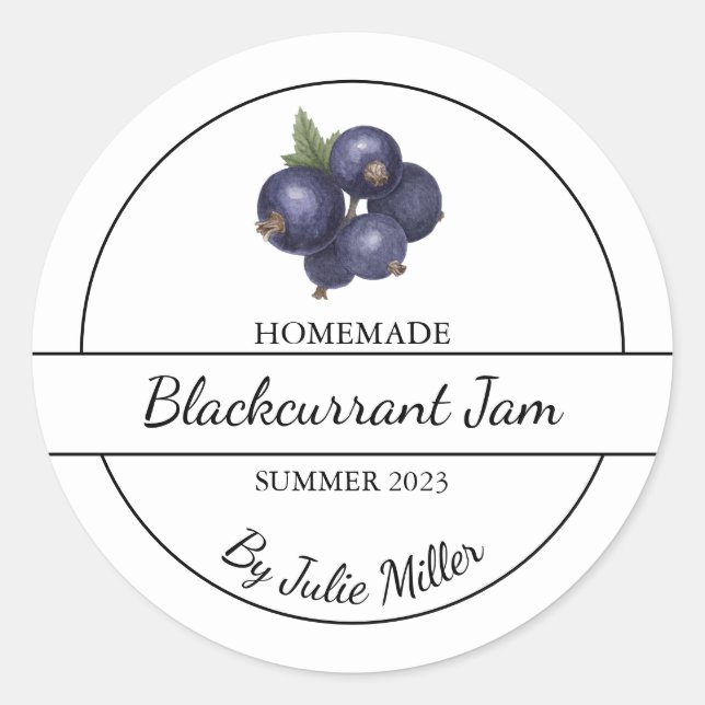 Einfache, selbst gemachte Blackcurrant-Jam-Label Runder Aufkleber (Vorderseite)