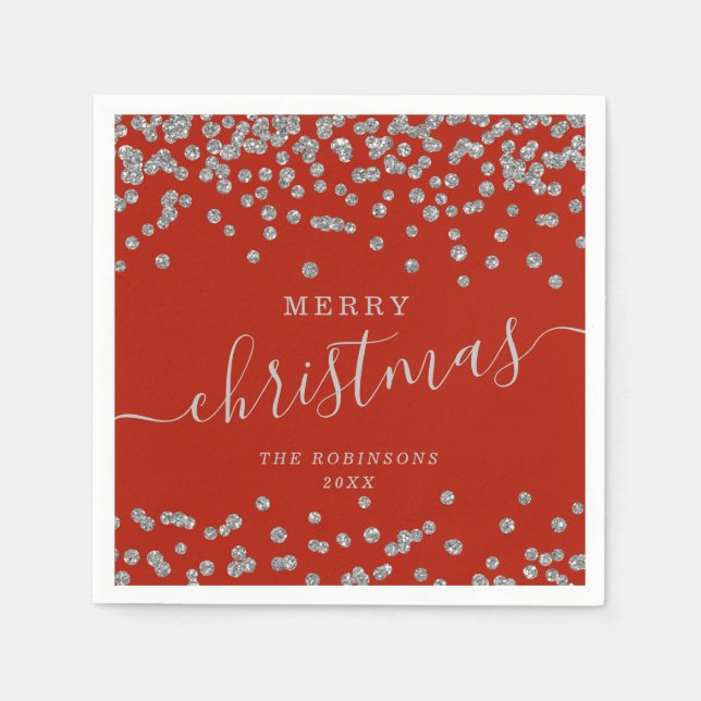 Einfache Silber Weihnachtsfeiertage Glitzer Rot Serviette (Vorderseite)