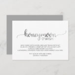 Einfache Silver Calligraphy Wedding Honeymoon Wish Begleitkarte<br><div class="desc">Diese schlichte, silberne Hochzeitsjargon Wunschzettel ist perfekt für eine elegante Hochzeit. Das silberne funkelnde Design besticht durch eine schicke Typografie und ein luxuriöses metallisches Herz. Personalisieren Sie diese Karte mit Ihren Namen und schreiben Sie Ihr eigenes Gedicht! Bitte beachten Sie: Dieses Design enthält keine echte Silberfolie. Es ist eine hochwertige...</div>