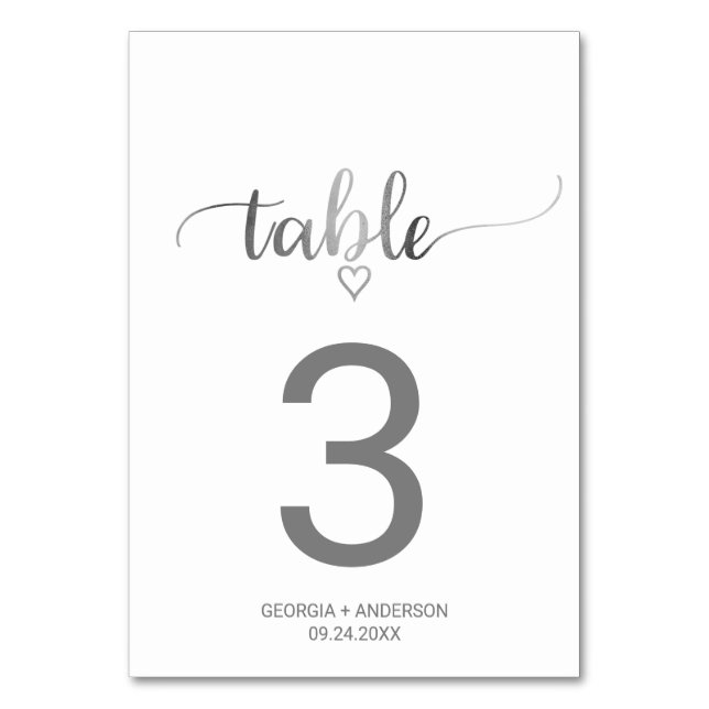 Einfache Silver Calligraphy Wedding-Tischnummer Tischnummer (Vorderseite)